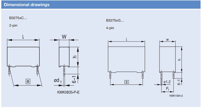 Technische Zeichnung - TDK B3275-Baureihe MKP-Folienkondensatoren